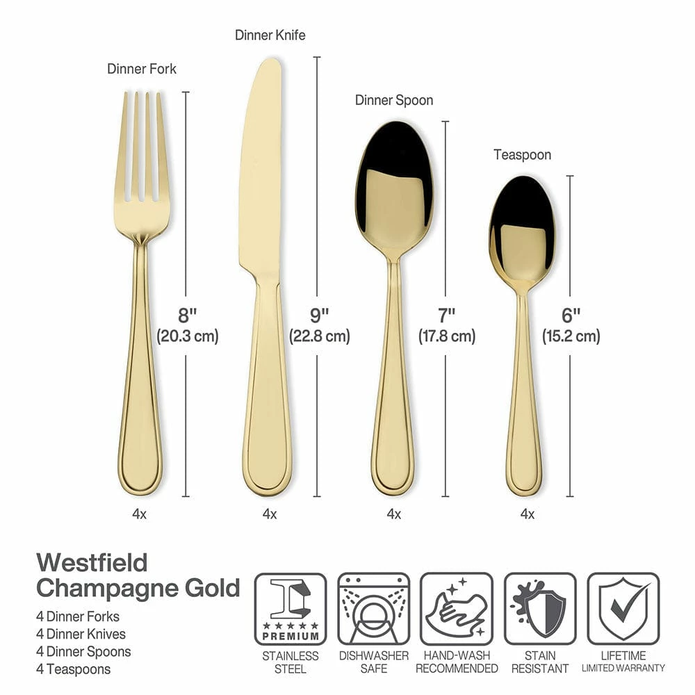 Deals 🤩 Gourmet Basics® Westfield Satin Champagne Gold 16 Piece Flatware Set, Service for 4 👏 - Image 5